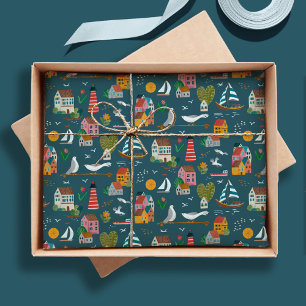 Coastal Village Blue Pattern Baby Shower Party Tissue Paper