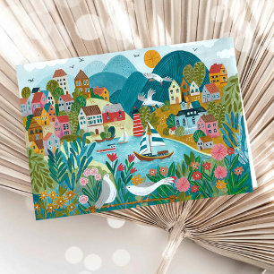 Coastal Village Harbour Scenic Illustration Card