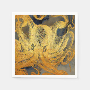 Coastal Vintage Gold Blue Black Octopus Watercolor Napkin