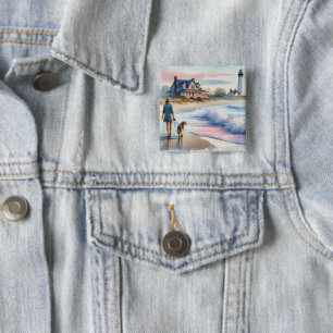 Coastal Walk to Lighthouse at Sunset 15 Cm Square Badge