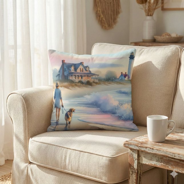 Coastal Walk to Lighthouse at Sunset Cushion (Coastal Walk to Lighthouse at Sunset Throw Pillow Mockup A)