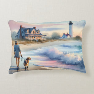 Coastal Walk to Lighthouse at Sunset Decorative Cushion