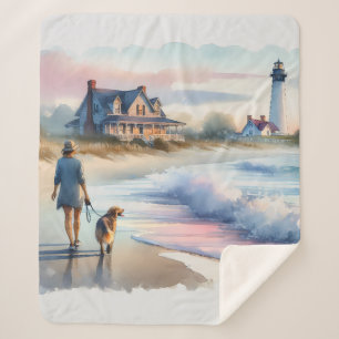 Coastal Walk to Lighthouse at Sunset Sherpa Blanket