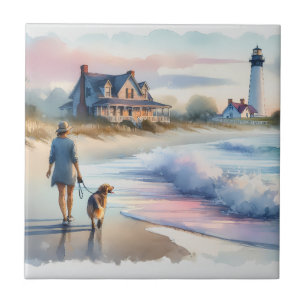 Coastal Walk to Lighthouse at Sunset Tile