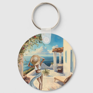 Coastal Wall Art Mediterranean Woman Seaside Key Ring