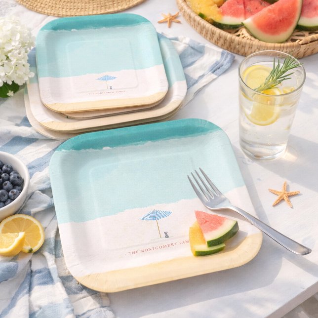 Coastal Watercolor Beach Umbrella Paper Plates (Creator Uploaded)