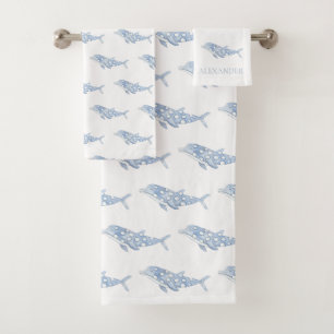 Coastal Watercolor Blue Polka Dot Dolphin Bath Towel Set