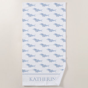 Coastal Watercolor Blue Polka Dot Dolphin Beach Towel