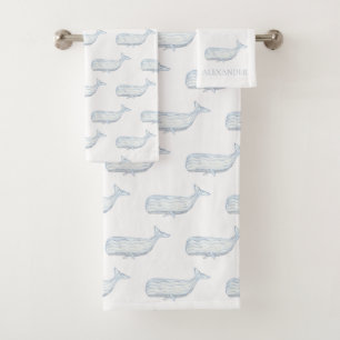 Coastal Watercolor Blue Whale Personalised Bath Towel Set