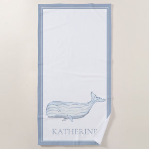 Coastal Watercolor Blue Whale Personalised Beach Towel