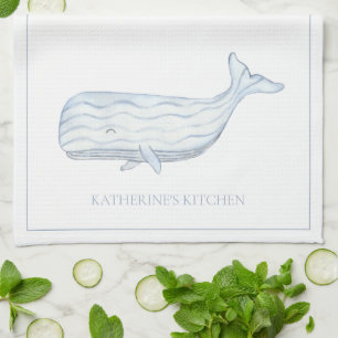 Coastal Watercolor Blue Whale Personalized Tea Towel