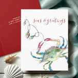Coastal Watercolor Crab Beach Christmas<br><div class="desc">Celebrate Christmas 2025 with this Coastal-themed Christmas card, featuring an original hand-painted watercolor crab adorned with festive holiday lights in shades of red, green, blue, and turquoise on a crisp white background. The words "Seas and Greetings" are elegantly set in modern brush script typography. Inside, you'll find a solid berry...</div>