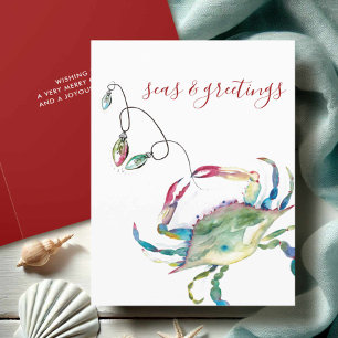 Coastal Watercolor Crab Beach Christmas Holiday Card