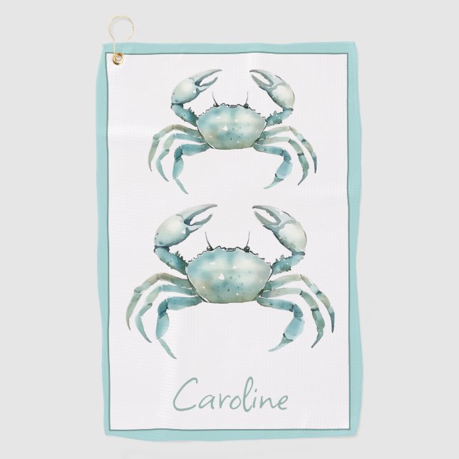 Coastal Watercolor Crab Personalized Golf Towel (Front)