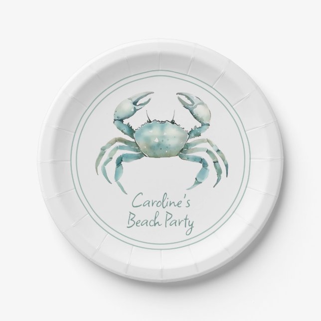 Coastal Watercolor Crab Personalized Paper Plate (Front)