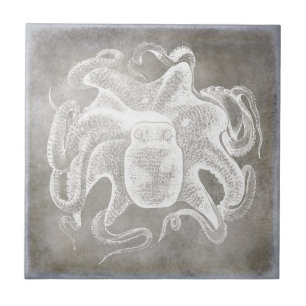Coastal Watercolor Octopus Silver Pewter Neutral Tile