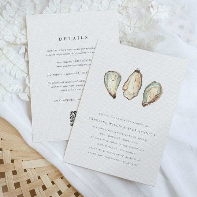 Coastal Watercolor Oyster All-in-One Wedding Invitation (Double sided wedding invitation with details and a QR code on the back)