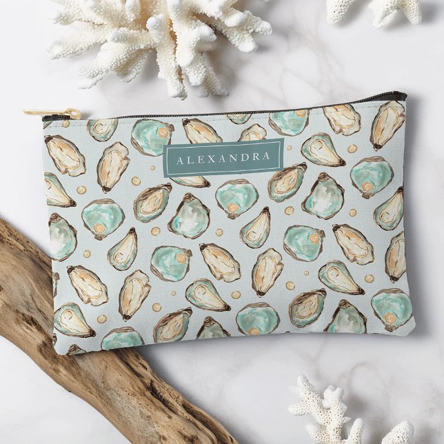 Coastal Watercolor Oyster & Pearl Pattern Accessory Pouch (Creator Uploaded)