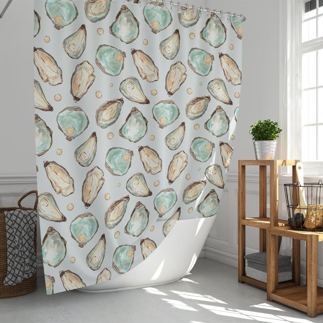 Coastal Watercolor Oyster & Pearl Pattern Shower Curtain (Creator Uploaded)