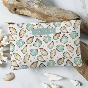 Coastal Watercolor Oyster & Pearl Personalised Accessory Pouch