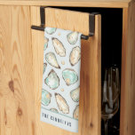 Coastal Watercolor Oyster & Pearl Personalised Tea Towel<br><div class="desc">This coastal chic kitchen towel features soft cream and aqua watercolor oyster and pearl illustrations. Perfect for beach houses,  coastal abodes,  or anyone who loves oysters and fresh shellfish. Personalise with a family name or monogram along the bottom.</div>