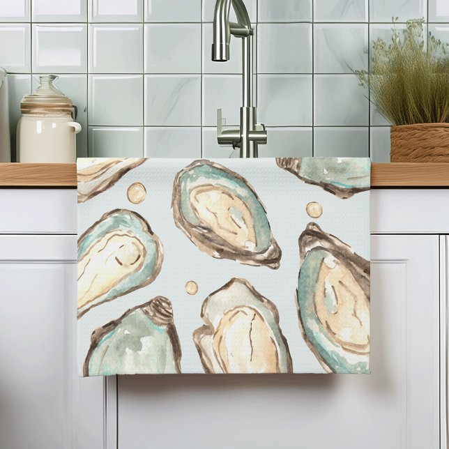 Coastal Watercolor Oyster & Pearl Tea Towel (Creator Uploaded)