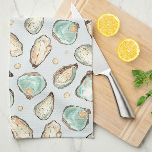 Coastal Watercolor Oyster & Pearl Tea Towel