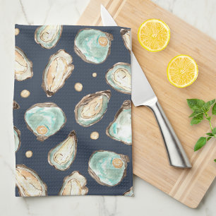 Coastal Watercolor Oyster & Pearl Tea Towel