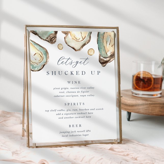 Coastal Watercolor Oyster Wedding Bar Menu Sign (Creator Uploaded)