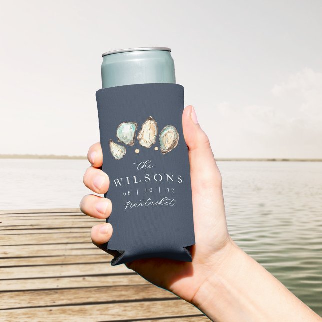 Coastal Watercolor Oyster Wedding Favour Seltzer Can Cooler (Creator Uploaded)