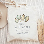 Coastal Watercolor Oyster Wedding Favour Tote Bag<br><div class="desc">These coastal wedding favour tags feature a grouping of soft cream and aqua watercolor oyster shell illustrations,  with your names,  wedding date,  and location in classic navy blue lettering. Perfect for beach themed,  summer,  or nautical weddings,  personalise these totes and fill them with goodies as a welcome gift.</div>