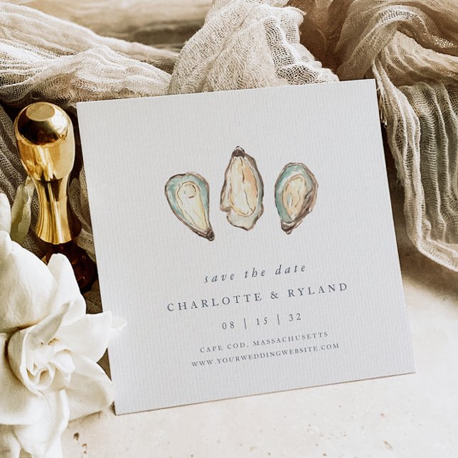 Coastal Watercolor Oyster Wedding Save The Date (Elegant coastal wedding save the date cards)
