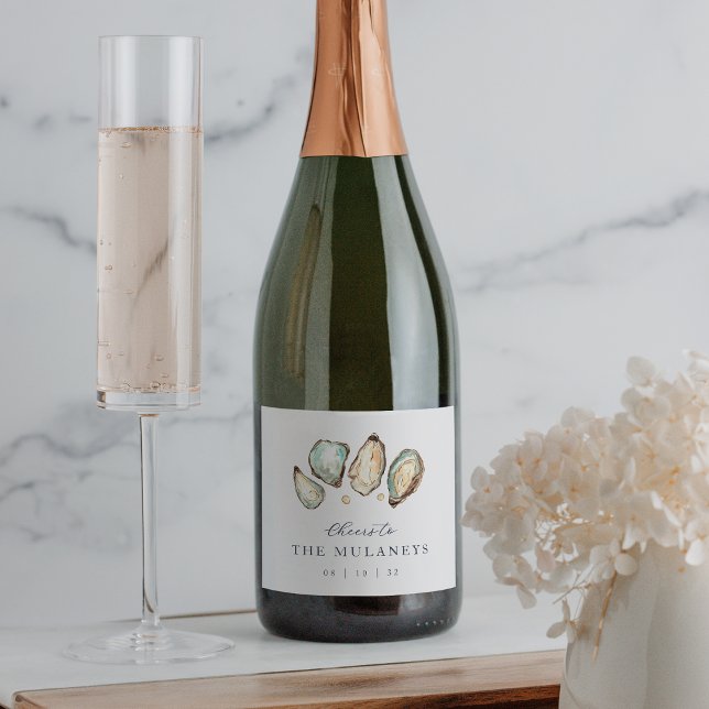 Coastal Watercolor Oyster Wedding Sparkling Wine Label (Creator Uploaded)