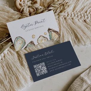 Coastal Watercolor Pearl & Oyster QR Code Business Card