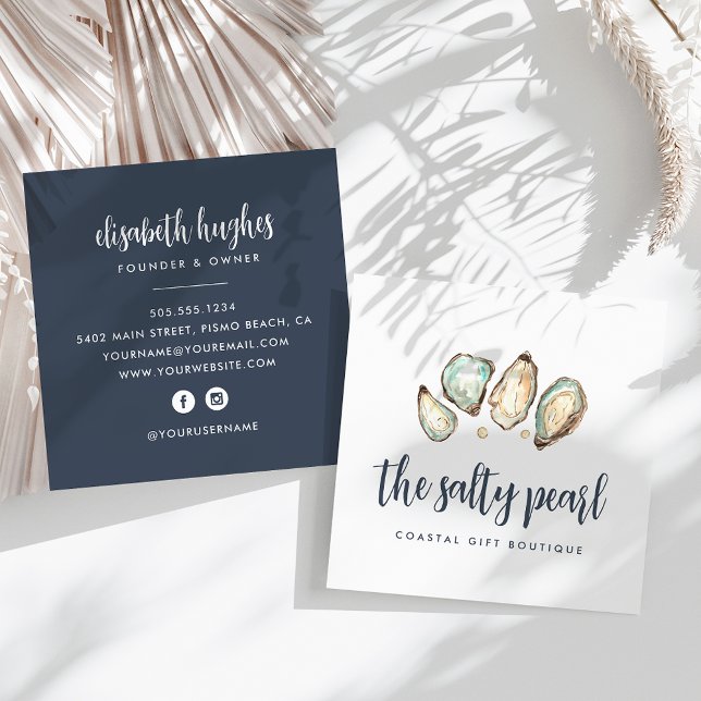 Coastal Watercolor Pearl & Oyster Square Business Card (Creator Uploaded)