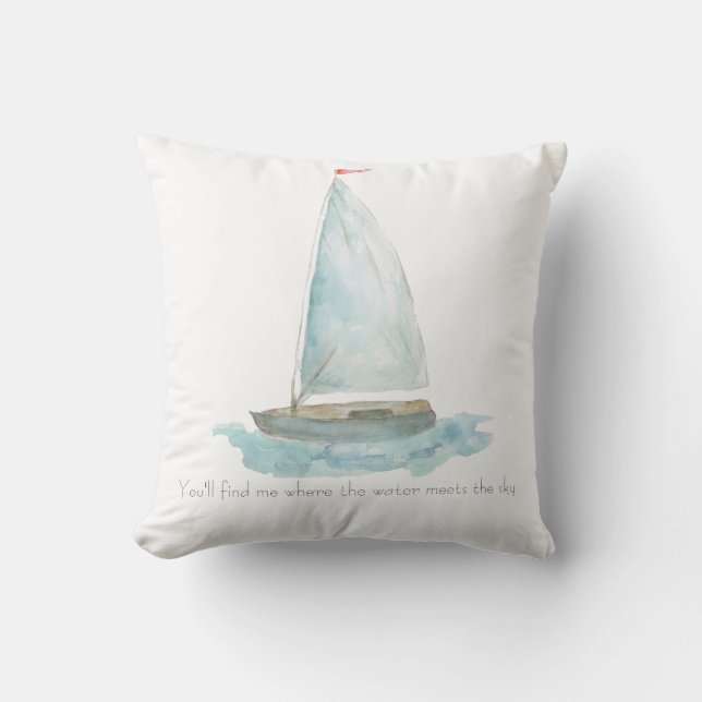 Coastal Watercolor Sailboat  Cushion (Front)