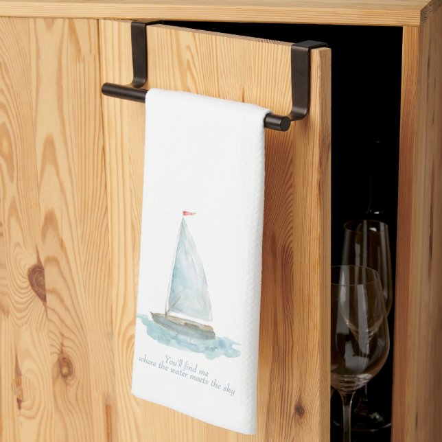 Coastal Watercolor Sailboat  Tea Towel (Thirds Fold)