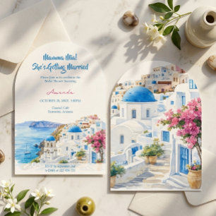 Coastal Watercolor Santorini Greece Bridal Shower Invitation