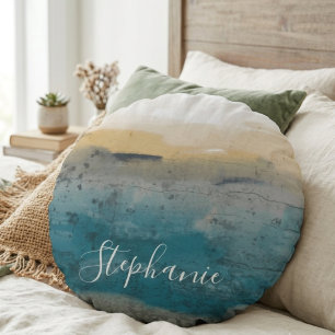 Coastal Watercolor Script Name Round Cushion