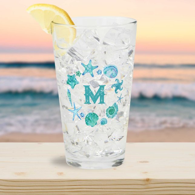 Coastal Watercolor Seashells and Starfish Monogram Glass (Coastal Watercolor Seashells and Starfish Monogram Glass)