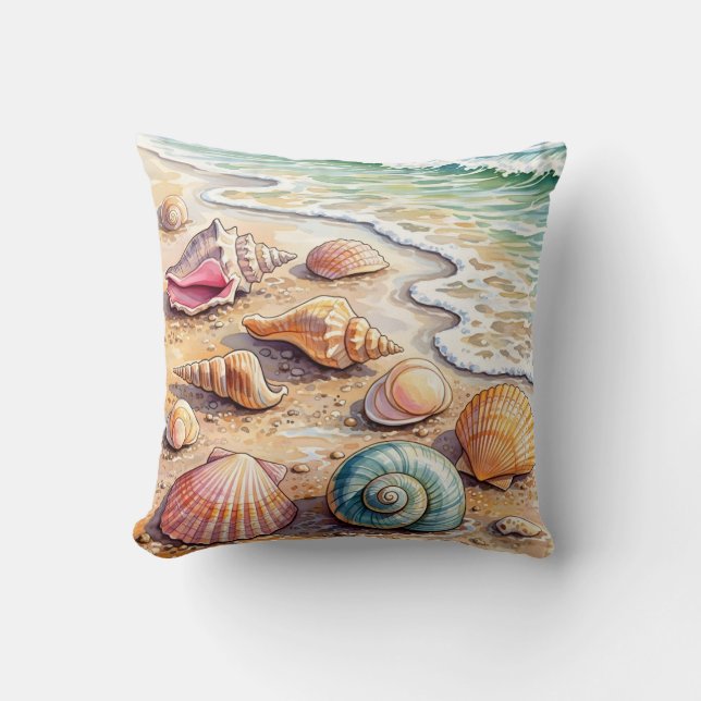 Coastal Watercolor Seashells on the Shore Beach Cushion (Front)