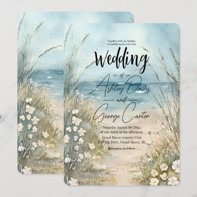 Coastal Watercolor Wedding Invitation Design (Front/Back)