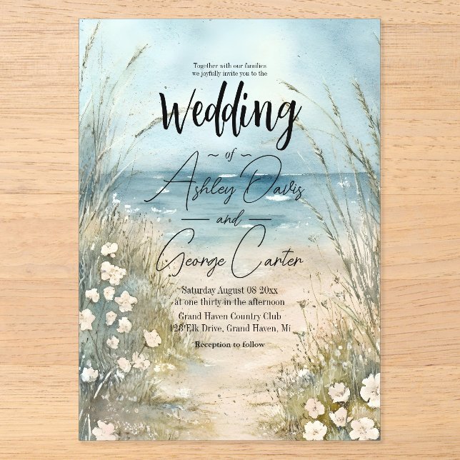 Coastal Watercolor Wedding Invitation Design (Front)