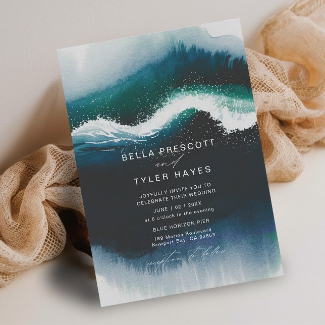 Coastal Waves Navy Beach Ocean Elegant Wedding Invitation (coastal wedding invitation modern minimalist elegant beach ocean waves watercolor navy blue teal)