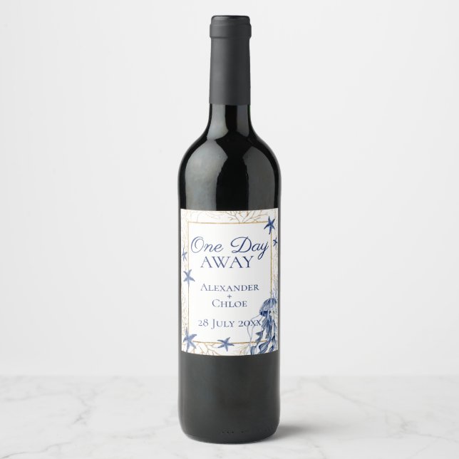 Coastal Wedding Blue Gold Rehearsal Dinner Wine Label (Front)
