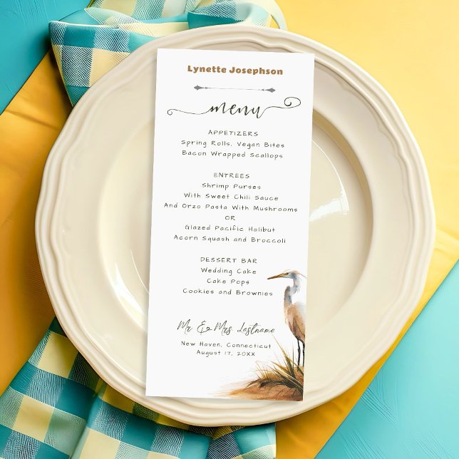 Coastal Wedding Long Menu Seating Cards Egret (Creator Uploaded)