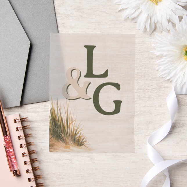 Coastal Wedding Monogram Dune Grass Vellum Invitations (Wedding)