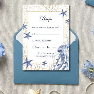 Coastal Wedding Navy Blue Gold RSVP Card