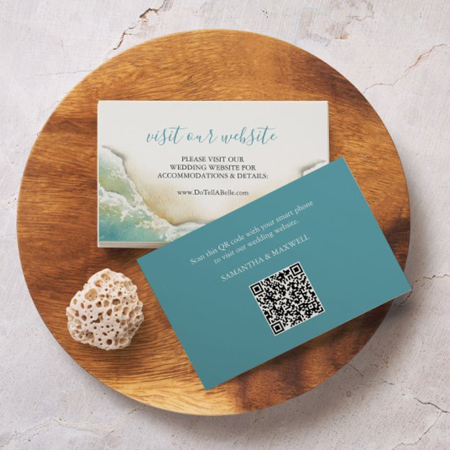 Coastal Wedding Website Insert Card Turquoise Blue (Beach wedding website card watercolor seashore art by Victoria Grigaliunas of Do Tell A Belle)