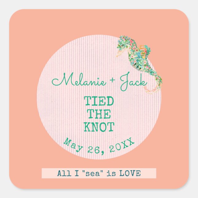 Coastal Weddingr Seahorse Stripe Square Sticker (Front)